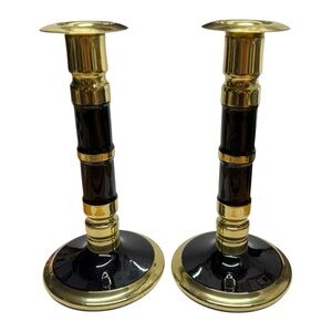 Brass and Black Enamel Candlesticks